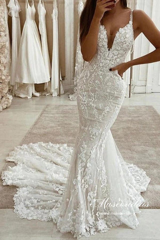 Tulle Mermaid V-neck Rustic Wedding Dresses With Detachable Train