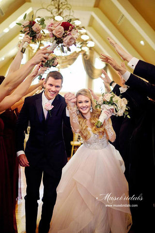 Tulle Open Back Bateau Neckline Long Sleeves Lace Wedding Dresses