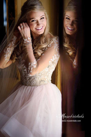 Tulle Open Back Bateau Neckline Long Sleeves Lace Wedding Dresses
