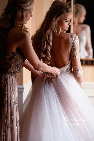 Tulle Open Back Bateau Neckline Long Sleeves Lace Wedding Dresses