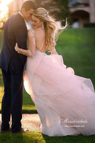 Tulle Open Back Bateau Neckline Long Sleeves Lace Wedding Dresses