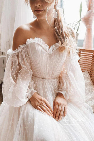 Tulle Polka Dots Off Shoulder Long Sleeves Boho Wedding Dresses