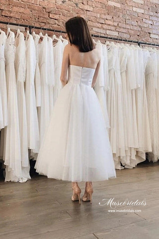 Tulle Satin Ankle Length Strapless Short Wedding Dresses, Bridal Dress
