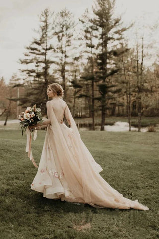 Tüll V-Ausschnitt 3D Blumen Spaghettiträger Hochzeitskleider, Brautkleid