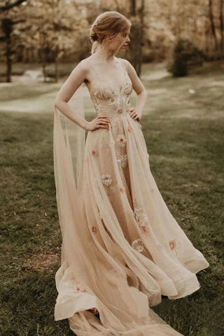 Tüll V-Ausschnitt 3D Blumen Spaghettiträger Hochzeitskleider, Brautkleid