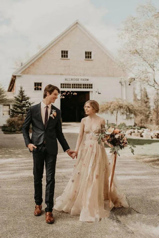 Tüll V-Ausschnitt 3D Blumen Spaghettiträger Hochzeitskleider, Brautkleid