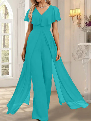Jumpsuit/Hosenanzug V-Ausschnitt Bodenlanges Chiffon Abendkleid