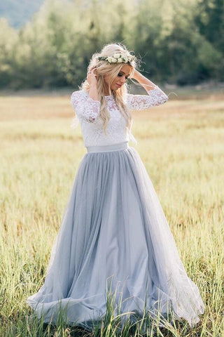 Zweiteiliges Boho-Brautkleid mit 3/4-Ärmeln, Spitzen-Brautkleid