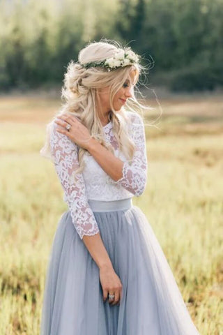 Zweiteiliges Boho-Brautkleid mit 3/4-Ärmeln, Spitzen-Brautkleid