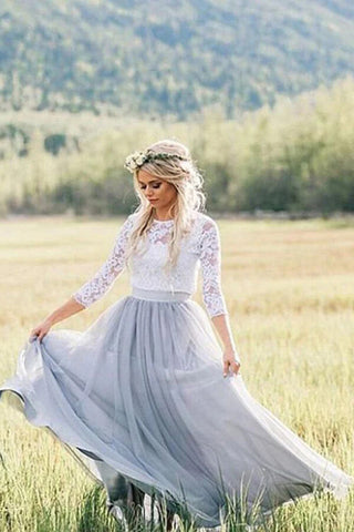 Zweiteiliges Boho-Brautkleid mit 3/4-Ärmeln, Spitzen-Brautkleid