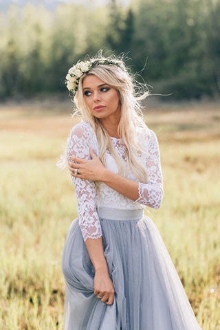Zweiteiliges Boho-Brautkleid mit 3/4-Ärmeln, Spitzen-Brautkleid