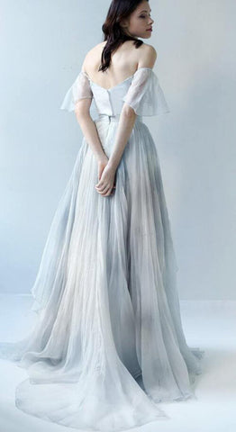 Unique Grey Blue Chiffon Off Shoulder Wedding Dresses, Bridal Gown