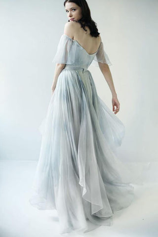 Unique Grey Blue Chiffon Off Shoulder Wedding Dresses, Bridal Gown