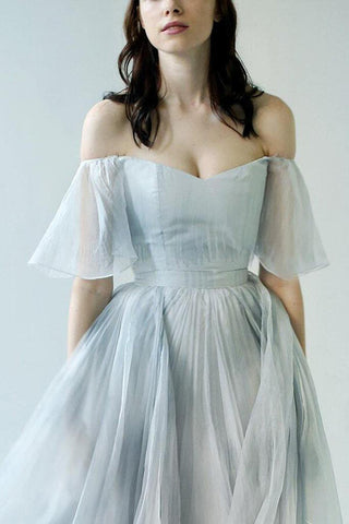 Unique Grey Blue Chiffon Off Shoulder Wedding Dresses, Bridal Gown