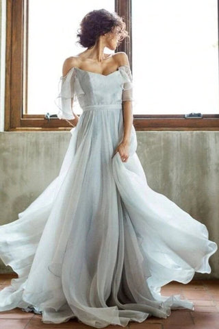 Unique Grey Chiffon A-line Off Shoulder Wedding Dress, Wedding Gown