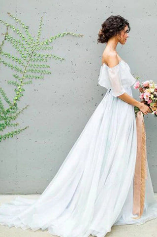 Unique Grey Chiffon A-line Off Shoulder Wedding Dress, Wedding Gown