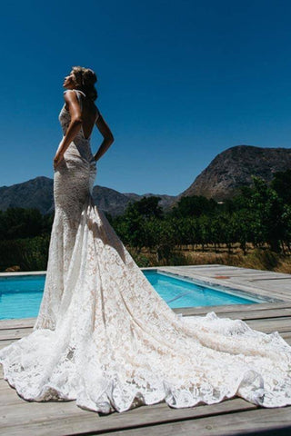 V-neck Sleeveless Mermaid Backless Lace Pocket Wedding Dress With Court Train