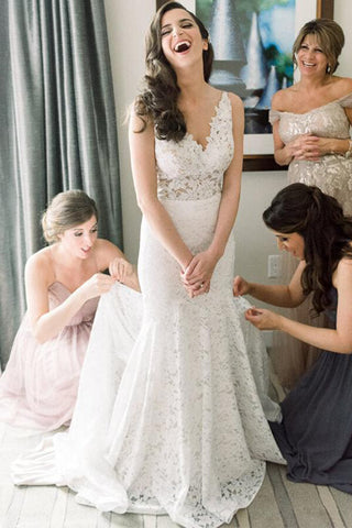 Vintage Ivory Lace Mermaid V Neck Wedding Dress, Bridal Dresses