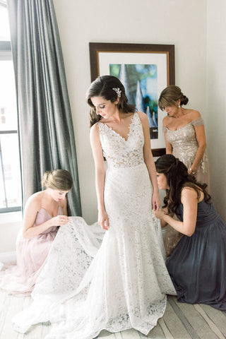 Vintage Ivory Lace Mermaid V Neck Wedding Dress, Bridal Dresses