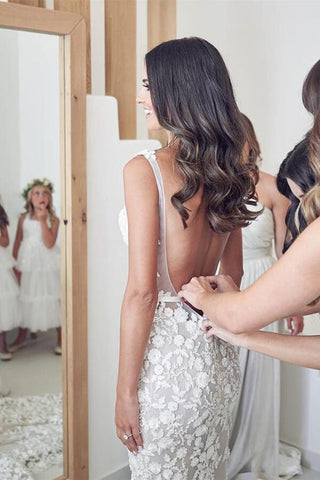 Vintage Lace Mermaid Beaded Deep V Neck Wedding Dress, Bridal Gown