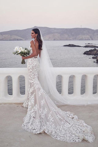 Vintage Lace Mermaid Beaded Deep V Neck Wedding Dress, Bridal Gown
