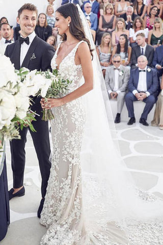 Vintage Lace Mermaid Beaded Deep V Neck Wedding Dress, Bridal Gown