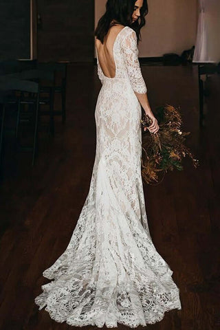 Vintage Mermaid Lace V-neck Boho Wedding Dresses With Chapel Train