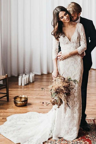 Vintage Mermaid Lace V-neck Boho Wedding Dresses With Chapel Train