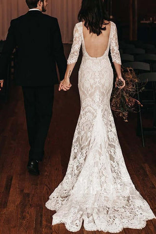 Vintage Mermaid Lace V-neck Boho Wedding Dresses With Chapel Train