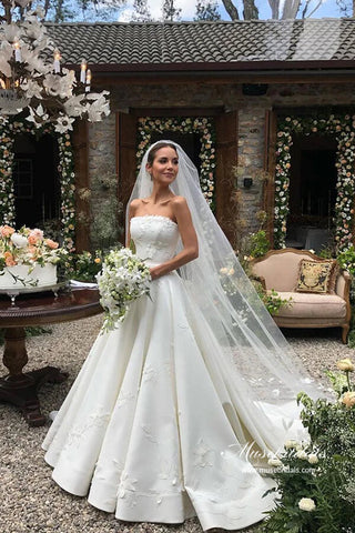Vintage Satin Strapless Ball Gown Wedding Dresses With Floral Lace