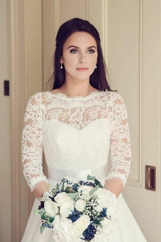 Vintage Tüll Spitze A-Linie 3/4 Ärmel Brautkleider, Hochzeitskleider
