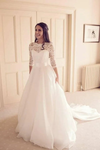 Vintage Tüll Spitze A-Linie 3/4 Ärmel Brautkleider, Hochzeitskleider