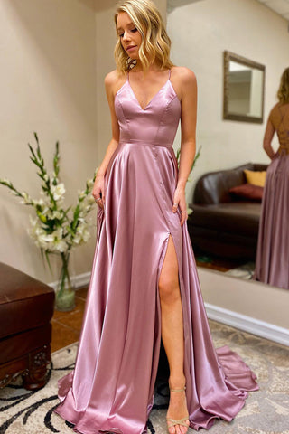A Line Spaghetti Straps Satin Prom Dress with Slit