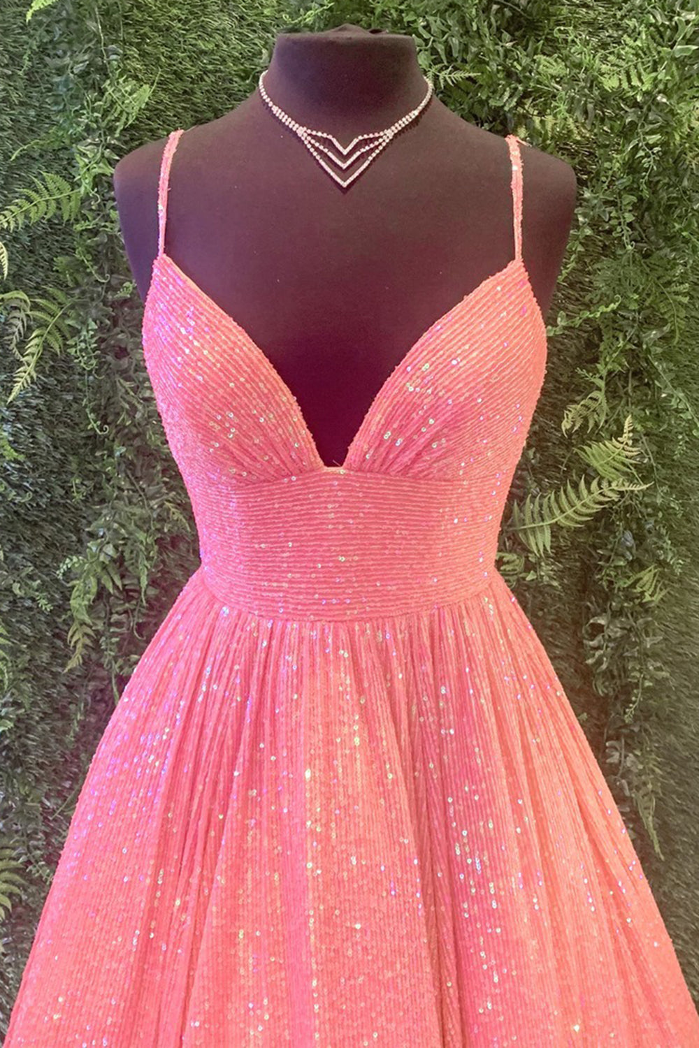 Fuchsia Sequins Spaghetti Straps A-Line Long Prom Dress