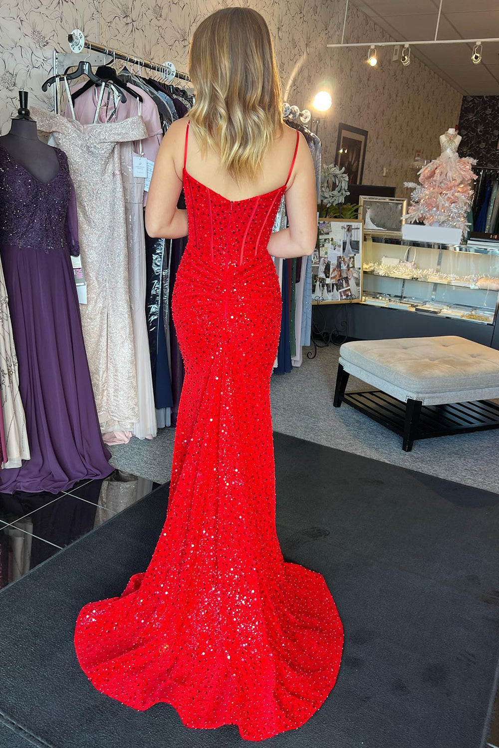 Red Spaghetti Straps Sequins Mermaid Long Corset Prom Dress with Slit