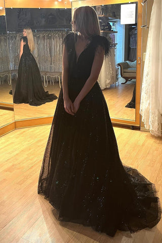A-Line V Neck Sequined Tulle Prom Dress with Slit