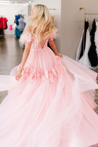 PRINCESS A-LINE OFF THE SHOULDER LACE TULLE PROM DRESS