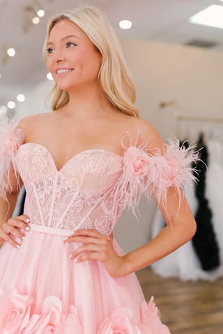 PRINCESS A-LINE OFF THE SHOULDER LACE TULLE PROM DRESS
