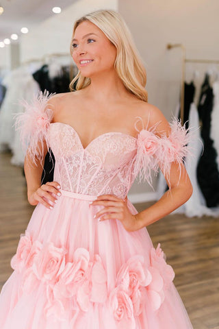 PRINCESS A-LINE OFF THE SHOULDER LACE TULLE PROM DRESS