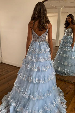 A-Linien-Ballkleid mit Spaghettiträgern und gestufter Spitze