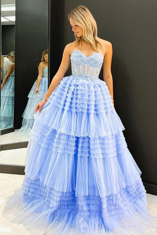 A Line Sweetheart Tulle Long Prom Dress with Ruffles
