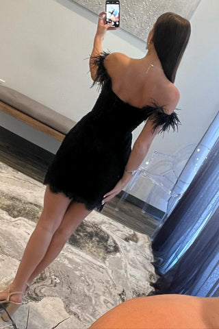 Black Off the Shoulder Bodycon Corset Short Homecoming Dress with Feather