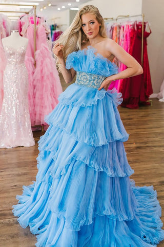 A Line Strapless Long Prom Dress with Ruffles