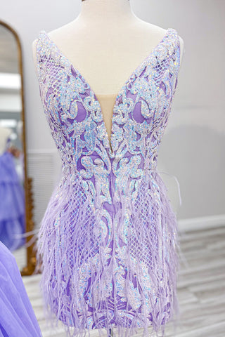 Sparkly Bodycon Deep V Neck Blue Sequined Short Homecoming Dress with Feathers