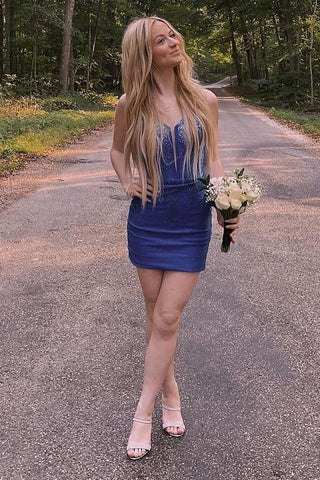 Trendy Sheath Spaghetti Straps Royal Blue Corset Homecoming Dress with Beading