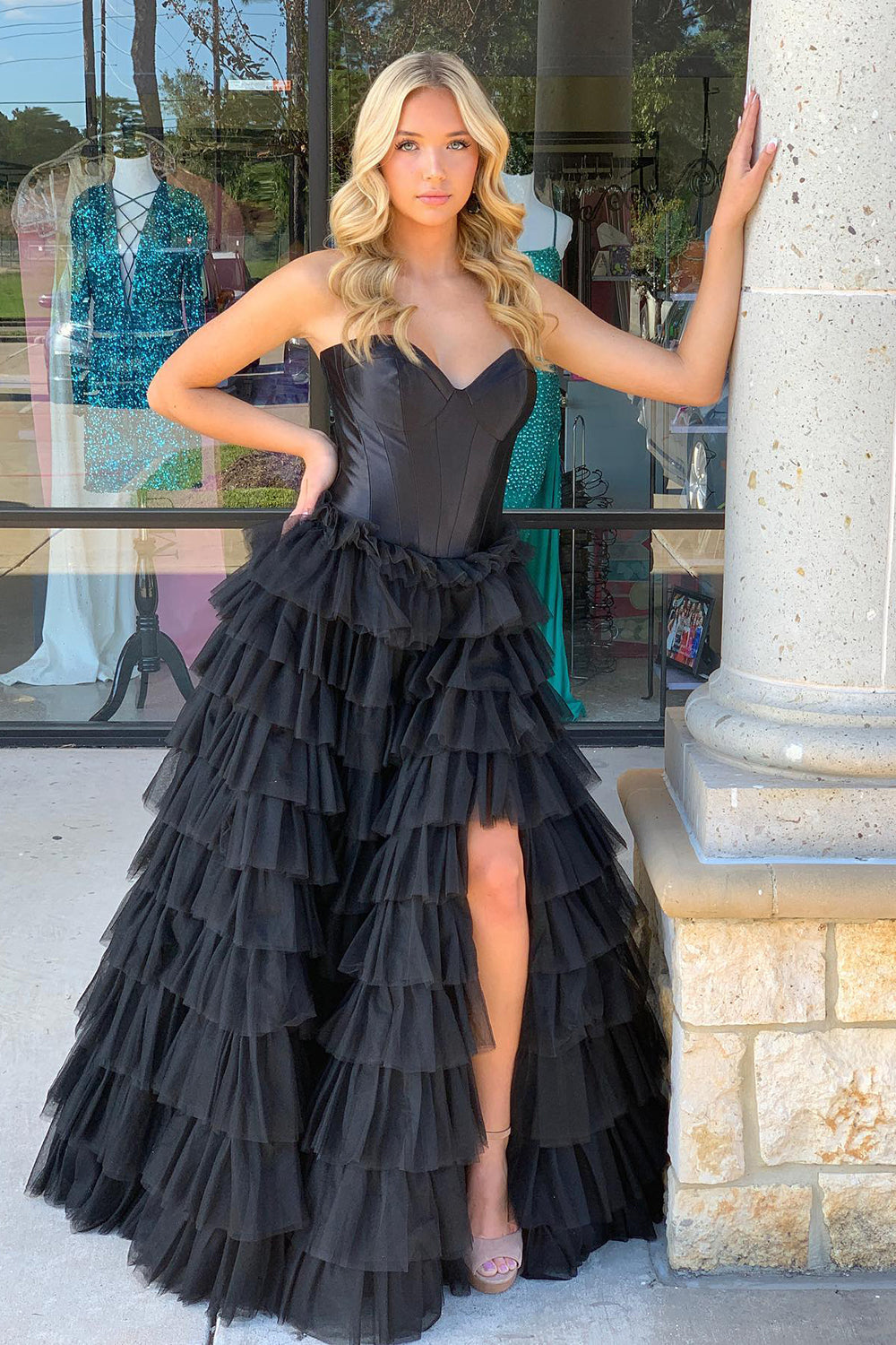 Black Sweetheart Tulle Tiered A-Line Long Corset Prom Dress with Slit
