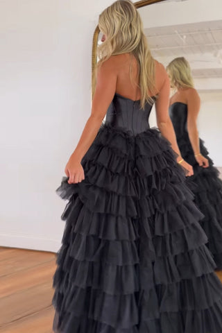A-Line Sweetheart Tiered Tulle Prom Dress with Slit