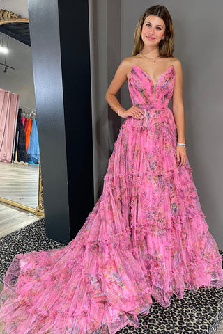 A-Line Sweetheart Floral Printed Tulle Prom Dress with Slit