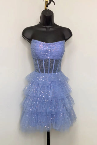 Pink Strapless Tulle A Line Tiered Corset Homecoming Dress with Sequins