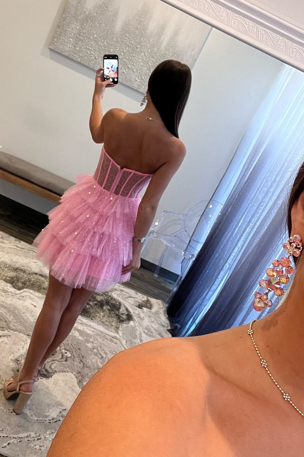 Pink Strapless Tulle A Line Tiered Corset Homecoming Dress with Sequins